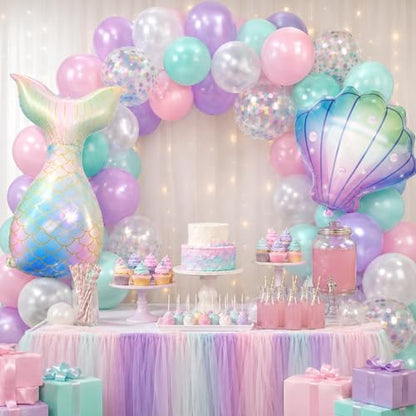 Mermaid Balloons, 12 Inch Pink Purple Balloons with Seashell Foil Balloons - color: Pink, size: 30PC