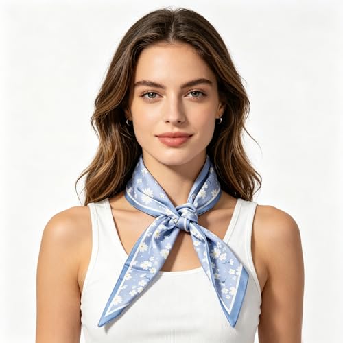 Silky Satin Long Skinny Head Scarf for Women - Neck Hair Scarf, Purse Bag Belt Accessory, Silk Feeling, 57"x5" - color: Sky Blue Floral 04