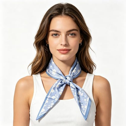 Silky Satin Long Skinny Head Scarf for Women - Neck Hair Scarf, Purse Bag Belt Accessory, Silk Feeling, 57"x5" - color: Sky Blue Floral 04