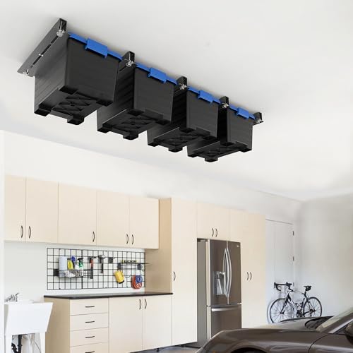 EVERHANGER Ceiling Storage Rack, Heavy Duty Overhead Storage Rack for Garage, Adjustable Ceiling Bin Storage System, 5 Sets for 4 Bins, 16 Inch - style: For 4 Bins