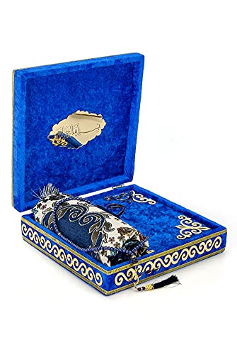 ihvan online Luxury Islamic Prayer Velvet Covered Gift Box, Deluxe 4 Piece Set with Elegant Velvet Covered Quran & Prayer Beads Tesbih & Prayer Rug, Ramadan & Eid Gift, Navy Blue - color: Navy Blue