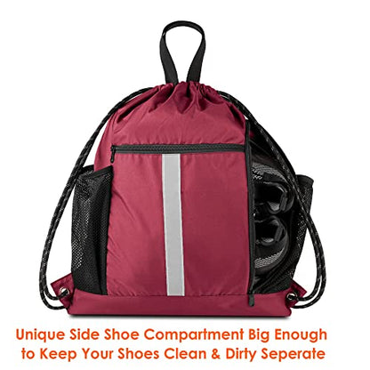 BeeGreen Gym Sack Drawstring Bag Sports String Backpack with Shoe Compartment and Two Water Bottle Holder for Unisex Men Women Heavy Duty Cinch Sackpack - color: Maroon, style: Drawstring With Shoe Compartment