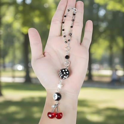 Cherry Car Charm - Silver Black 8 Ball Dice with Beads Rear View Mirror Charms Cars Accessories, Interior Y2K Aesthetic Hanging Ornament Pendant for Women Men - style: Cherry
