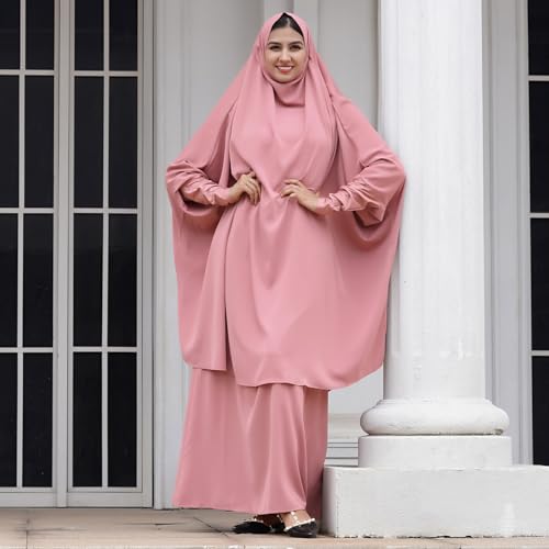 Abayas for Women Muslim Chiffon Prayer Burqa Dress Burkas for Women Muslim Hijab Dress Full Length Islamic Veil Abaya Set - color: Pink