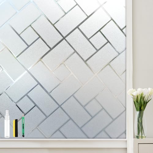 Window Privacy Film, Frosted Glass Static Cling with No-Adhesive Tile Shape Window Cover, Vinyl Stickers for Home Office Glass Sticker Decoration, 17.5 x 78.7 inches
