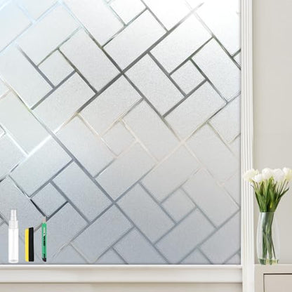Window Privacy Film, Frosted Glass Static Cling with No-Adhesive Tile Shape Window Cover, Vinyl Stickers for Home Office Glass Sticker Decoration, 17.5 x 78.7 inches
