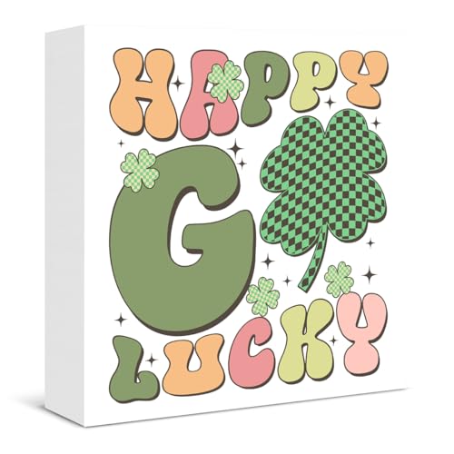 Shamrock St. Patrick's Day Decorations - Groovy Lucky St Patricks Day Wooden Box Sign for Irish Home Living Room Shelf Wall Tiered Tray Decor - color: O-Happy Lucky