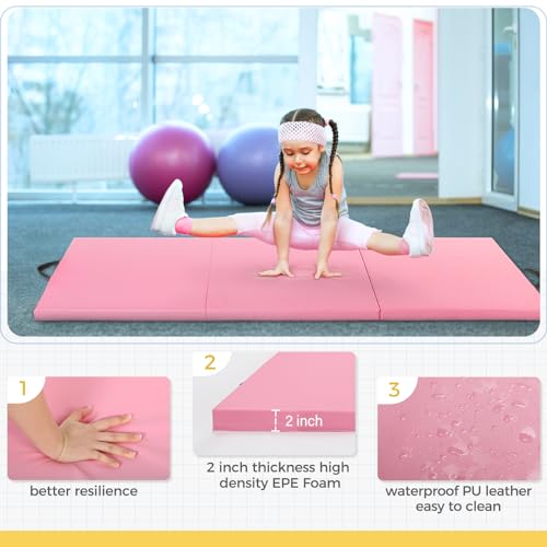 Outroad 6/8/10' Foldable Gymnastics Gym Exercise Aerobics Mat, PU Leather Tumbling Mat with Hook & Loop Fastener for Stretching Yoga Cheerleading Martial Arts - Versatile Fitness Mat for Home Workout - color: Pink 3 folding mat 6' x 2' x 2"