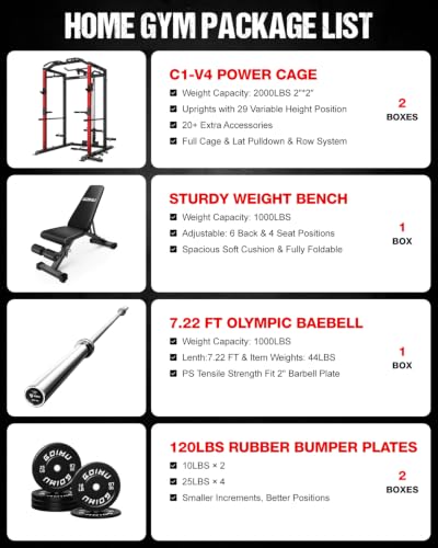 C1-V4 Power Cage, 2000LBS Squat Rack with LAT Pulldown, Multi-Function Weight Cage Strength Training Machine, Workout Cage with More Attachments for Home Gym Garage - style: 120LB Home Gym Package Rd