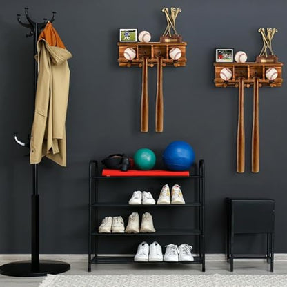 Tebery Wood Baseball Bat Holder and Ball Display Shelf Wall Mounted, Sports Memorabilia and Collectibles Floating Shelf Hanging Organizer Bat Rack
