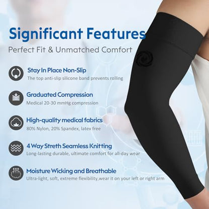NURCOM Compression Arm Sleeve, 20-30 mmHg, With Silicone, Black M - color: Black(with Silicone Top Band), size: Medium(2 Pack)