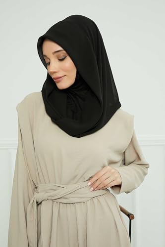 Aisha's Design Pre-tied Cotton-Chiffon Scarf for Women Practical Veil Instant Scarf Hijab Stylish Design - color: Black