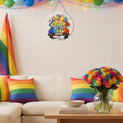 Smile Pride Month Love Welcome Rainbow Truck Round Wooden Door Sign Indoor & Outdoor Decorative Plaque LGBTQ+ Home, Porch & Patio Decor Gay Pride - style: Truck LGBT
