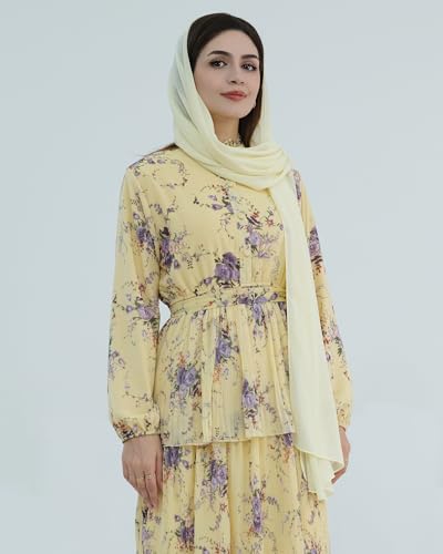 Breathable Modest Prayer Dresses Long Sleeve Layered Maxi Dress with Belt European Floral Print Women Muslim Abaya - color: Yellow Dress & Scarf, size: S(52)