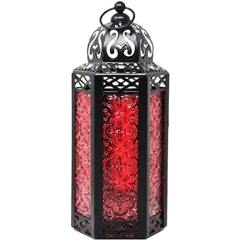 Vela Lanterns Decorative Indoor Moroccan Candle Holder Lamp, Red, M - color: Black/Red, size: Medium