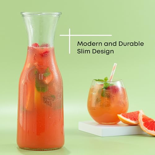 JoyJolt Glass Carafe with Lid, Set of 4 – 1 Liter Glass Pitcher for Mimosa Bar, Water, Iced Tea, Juice, Wine, Lemonade, Milk – Dishwasher Safe Beverage Drink Dispensers for Brunch, Parties - size: Set of 4, 36 Ounces each