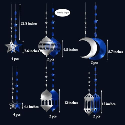 Cheerland Silver Blue Ramadan Decorations for Home Star Moon Lantern Garland Islamic Hanging Streamer Backdrop Eid Mubarak Decorations Lesser Bairam Holiday Celestial Banner Night Party Supplies 16pcs