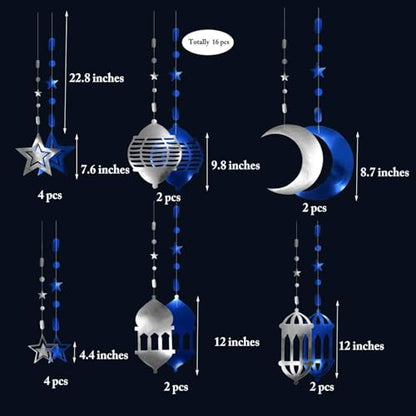 Cheerland Silver Blue Ramadan Decorations for Home Star Moon Lantern Garland Islamic Hanging Streamer Backdrop Eid Mubarak Decorations Lesser Bairam Holiday Celestial Banner Night Party Supplies 16pcs