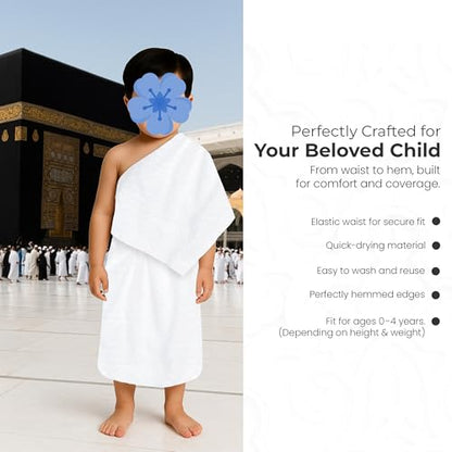 Kids Ihram Set for Hajj and Umrah with Elastic Waist and Soft Microfiber Towel Fabric – 2 Pc White Ihram Clothing for Boys 0 to 4 Years Lightweight Breathable Travel Friendly Muslim Pilgrimage Dress - color: Kids Ihram Set