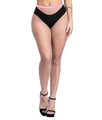 E-Laurels Womens High Waist Patterned Fishnet Tights Suspenders Pantyhose Thigh High Stockings Black - color: Pink L_hole