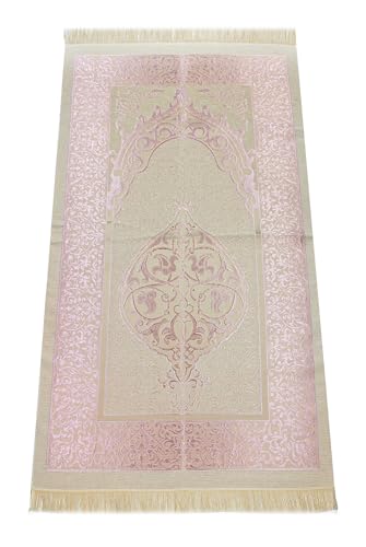 ihvan online Muslim Prayer Rug with 99 Beads Tasbih & Travel Bag, Soft Taffeta Sajadah, Lightweight & Foldable Janamaz, Portable Prayer Mat, Islamic Gift for Eid, Ramadan, Hajj & Umrah, Pink - color: Pink