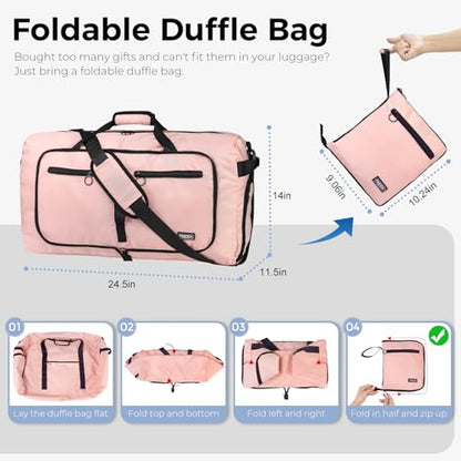 Fmeida 65L Duffle Bag with Shoes Compartment, Foldable Travel Duffel Bags for Men Women, Large Packable Travel Bag Water Repellent & Tear Resistant (Light Pink) - color: Glossy Light Pink