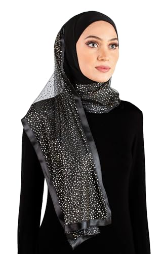 Stylish Mona Hijab Women's Black Kuwaiti with Chiffon Wrap Shawl & Satin Trim - color: Black With Gold Dots