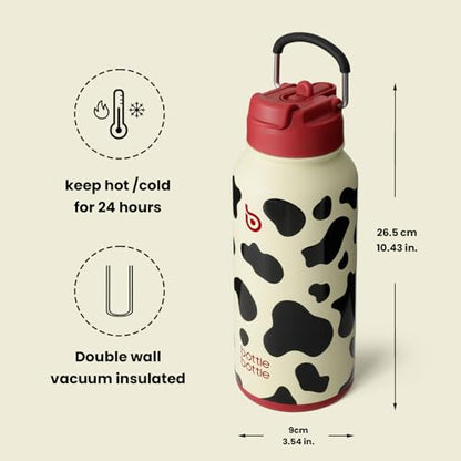 BOTTLE BOTTLE 32oz Insulated Water Bottle with Pill Box | Stainless Steel,Sport Water Bottle, with Straw Dual-use Lid and Pill Box, Design for Gym - color: cow