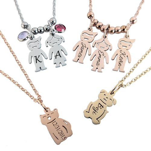Handmade Family Necklace- Custom Jewelry with Baby, Kids and Pet Names, Personalized Family Charms, Unique Gift for Parents, Engraved Kid Pendants, Customizable Birthstone - color: White gold color