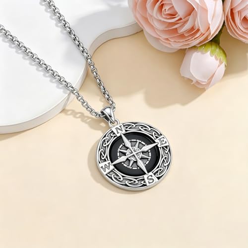 Graduation Gifts for Women 925 Sterling Silver Compass/Graduation/Vet/Cross/Stethoscope Necklace for Women - color: Compass-Obsidian