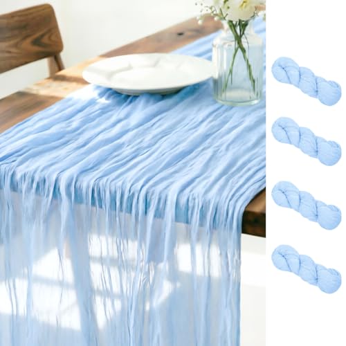 LINXTAR Light Blue Cheesecloth Table Runner 4 Pack 160 Inches 14Ft Gauze Summer Boho Table Runner for Wedding Tea Party Baby Shower Bridal Birthday Home Decoration - color: Baby Blue, size: 14ft 4Pack