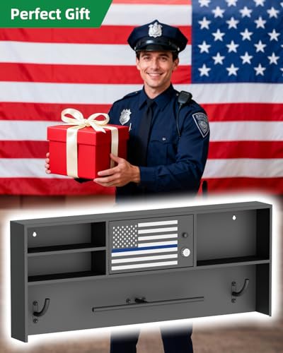 Police Gear Rack,Wall Mounted Lock Safe Police Tactical Vest Hanger | Gun Storage Plate Carrier Tactical Gear Stand with Decorative Flags,Law Enforcement Organizer for Police Veteran Gift