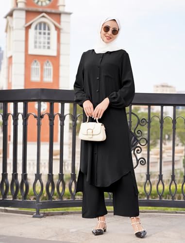 Women's Muslim 2 Pieces Sets Long Sleeve Button Down Shirt and Pants Abaya Casual Dress Dubai Outfits - color: Black, size: Small
