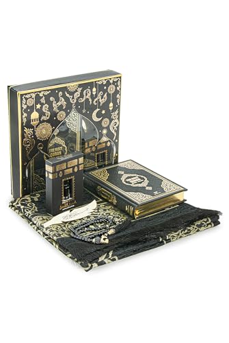 ihvan online Prayer Gift Set for Hajj and Umrah, Muslim Prayer Rug, Prayer Mat, Beads Taasbih, Holy Quran Translated English, Muslim Praying Mat, Islamic Gift Set for Ramadan & Eid, Black - color: Black English