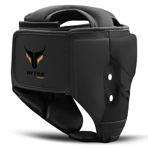 Mytra Fusion Boxing Headgear - Sparring Gear with Adjustable Strap MMA, Muay Thai, Kickboxing, Martial Arts, Karate, Head Gear - color: Black, size: Small