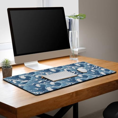 Large Desk Pads Blue and White Desktop Pad, Pc Mouse Pad Keyboard Mat, Desk Pad Gaming Waterproof Non-Slip Rubber Base, 35.4 X 15.7 inch for Work/Game/Office/Home Japanese Abstract Waves - color: Japanese Abstract Blue And White Wave