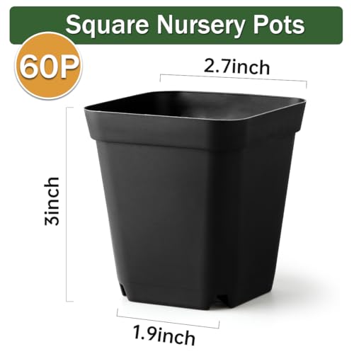60 Pcs Nursery Pots 2.7 Inch, Plastic Seed Starting Pot with Drainage Holes, Sturdy Seedling pots for Planting, Cuttings (Black) - color: Black, size: 2.7 Inch-60P