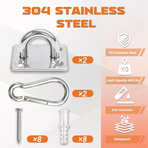2Pcs M6 304 Stainless Steel Heavy Duty Pad Eye Plates w/Snap Hooks | Rustproof 304 SS Pad Eye Plates w/ Hooks, Heavy Duty for Indoor Outdoor Use, Fits Hammock Swing Yoga Sling Ceiling Mount - size: 2pk M8