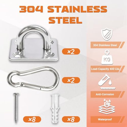 2Pcs M6 304 Stainless Steel Heavy Duty Pad Eye Plates w/Snap Hooks | Rustproof 304 SS Pad Eye Plates w/ Hooks, Heavy Duty for Indoor Outdoor Use, Fits Hammock Swing Yoga Sling Ceiling Mount - size: 2pk M8