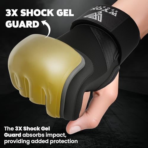 WYOX Gel Boxing Hand Wraps & Curved Focus Mitts Bundle for Men & Women Adults – 80cm Wrist Straps, Padded Knuckle Support, Neoprene Inner Glove Gel Padding, MMA Muay Thai Kickboxing Training Pads