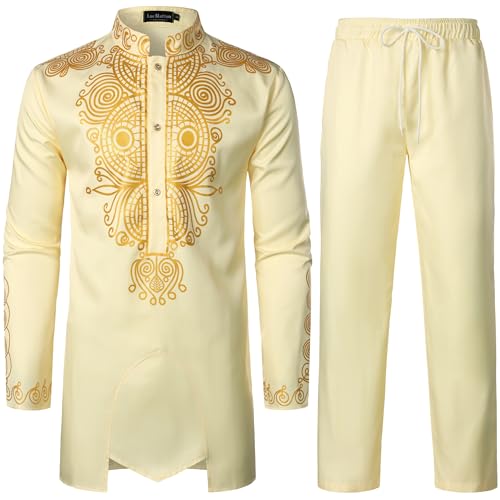 LucMatton Men's African Attire 2 Piece Dashiki Outfit - color: Lvory, size: XX-Large