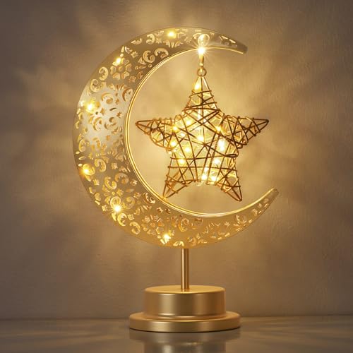 Luxspire Ramadan Moon Lamp, Crescent Moon & Star Ramadan Lights Decorations for Home, Eid Mubarak Decor Battery Powered Ramadan Lanterns, Moroccan Table Lamp Gift for Bedroom Nightstand,VineMoon+Star - color: Gold-Vine Moon+Star