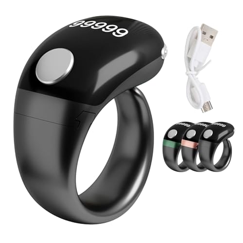 Adjustable Size Finger Counter Clicker Ring(18/20/22mm), Muslim Digital Azan Alarm Clock Ring, Digital Electronic Smart Ring Counter with Display & Type-C Charging Black - color: Black