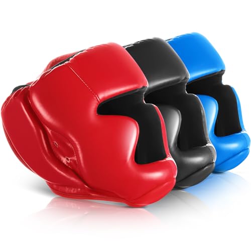 Jenaai 3 Pack Boxing Headgear Adjustable Padded Safety Head Guard MMA Training Sparring Kickboxing Muay Thai Martial Art Karate Taekwondo Helmet Gift for Valentines Adult Men Women - color: Black, Red ,Blue