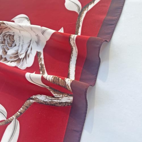 FONYVE Silk Feeling Scarf Medium Square Satin Head Scarf for Women 27.5 × 27.5 inches - color: 03 Red Flowers