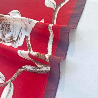 FONYVE Silk Feeling Scarf Medium Square Satin Head Scarf for Women 27.5 × 27.5 inches - color: 03 Red Flowers