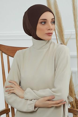 Aisha's Design Instant Turban 95% Cotton Head Scarf Headwear Combed Cotton Ninja Cap, Slip on Jersey Hijab - color: Brown