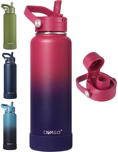 CIVAGO 40 oz Insulated Stainless Steel Water Bottle with Detachable Straw, Large Metal Water Jug with Bucket Handle, Leakproof Sports Water Flask with Silicone Boot, Dishwasher Safe, Dark Rainbow - color: Dark Rainbow, size: 40 Ounces