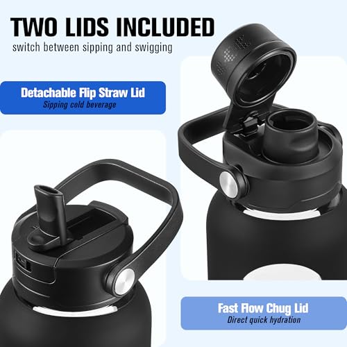 CIVAGO 32 oz Glass Water Bottle with Detachable Straw and Time Maker | Motivational Large Flask Cup with Handle, Leakproof Lids, Wide Mouth, Silicone Sleeve, Tumbler for Juice, Black - color: Black, size: 32 Ounces