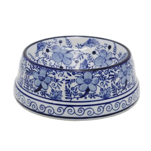 Aimusego 6.7inch Blue Ceramic Chinoiserie Food & Water Dish for Small and Medium Dogs/Cats, Non-Slip Anti-Tip Porcelain Pet Feeder Bowl - color: Blue five-petaled flower scrolls, size: Small (11OZ)